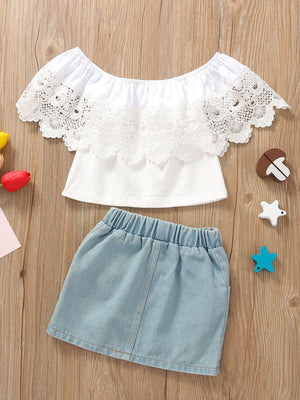 White off-shoulder lace top and light wash denim skirt set for baby girls.