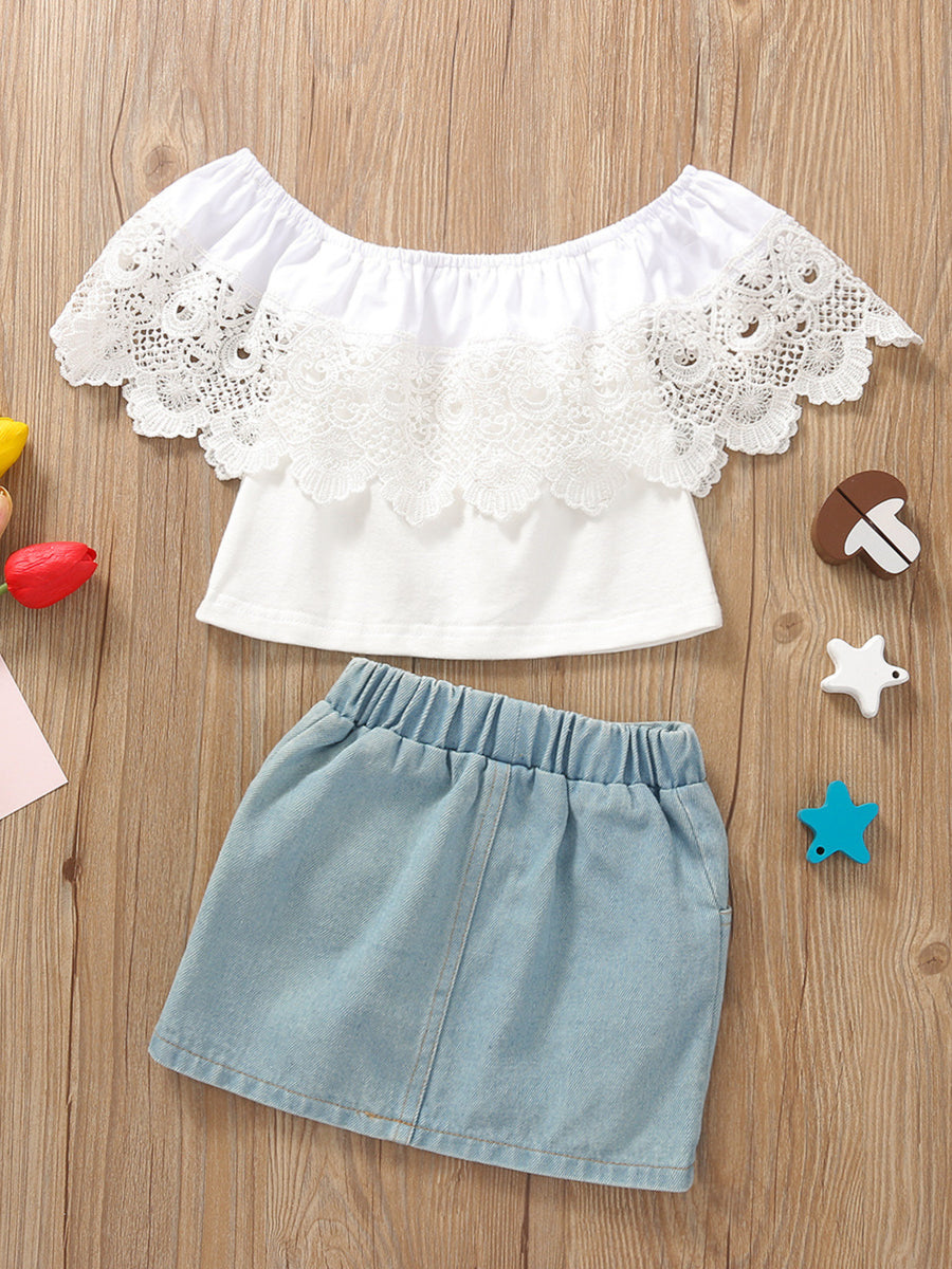 White off-shoulder lace top and light wash denim skirt set for baby girls.