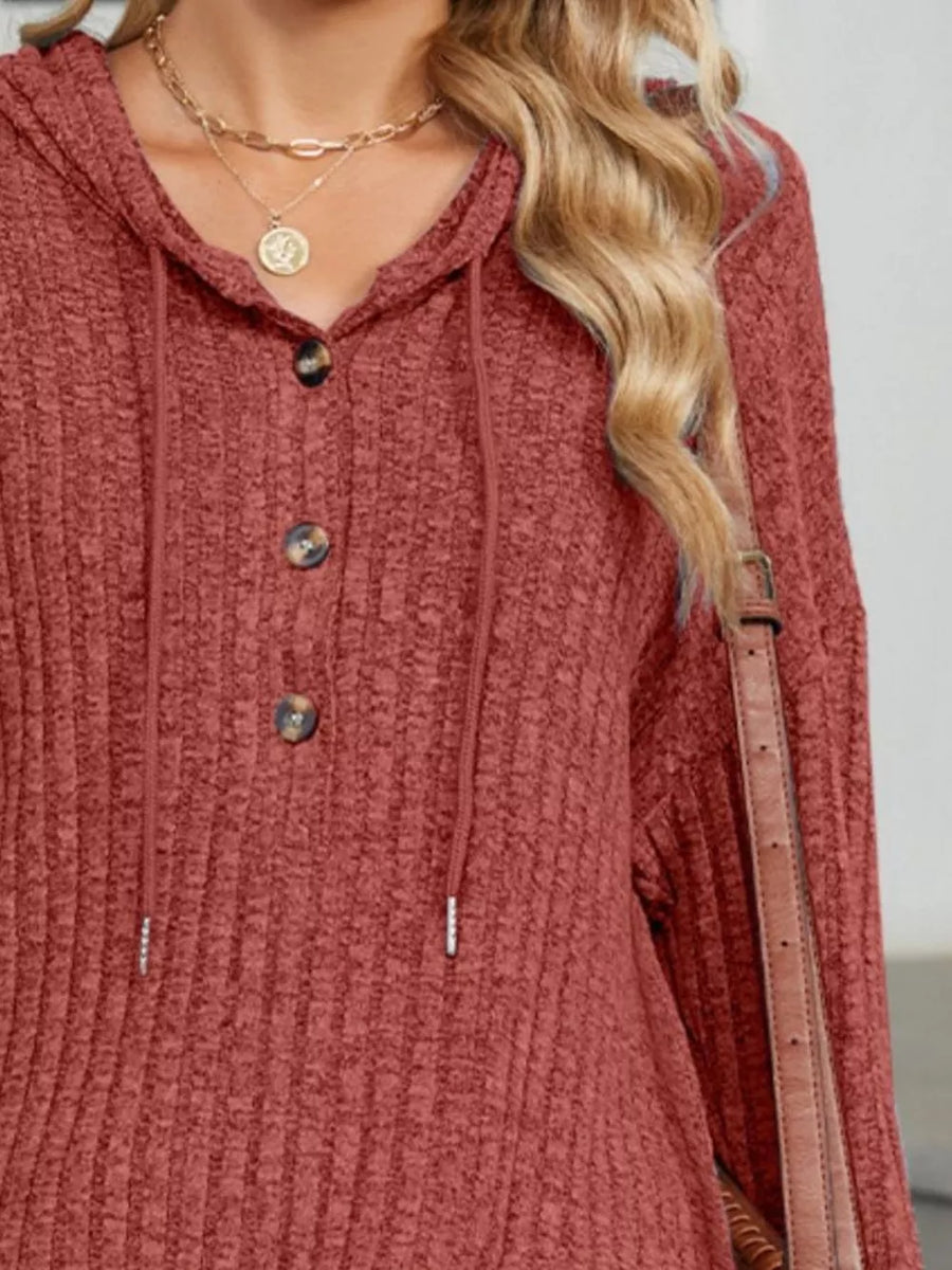 Ribbed Knit Drawstring Hoodie in Purple