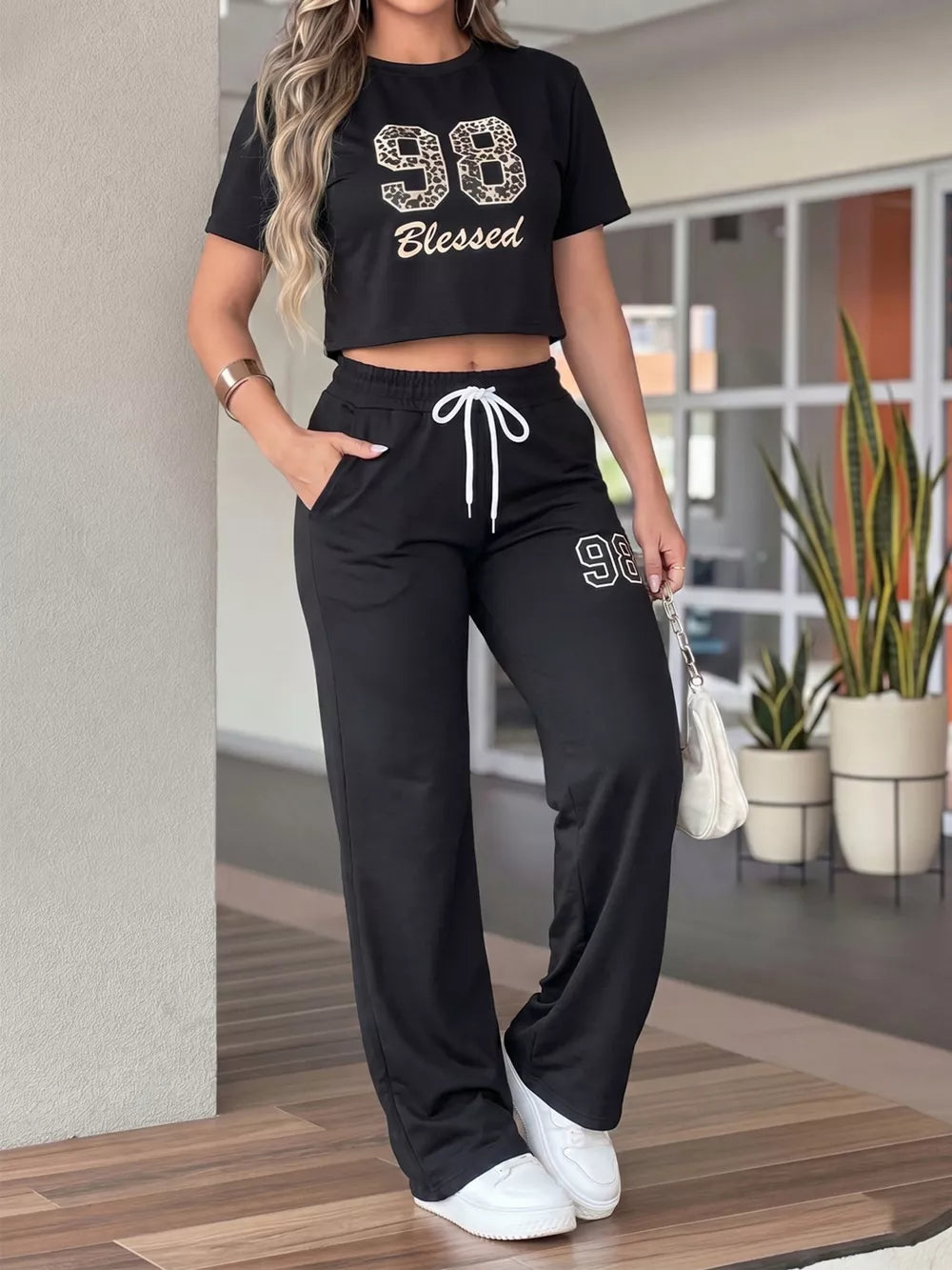 Leopard Print Crop Top And Wide Leg Pants Set in Black