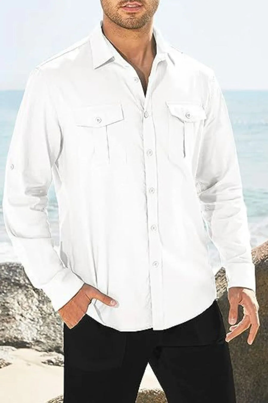 White linen utility shirt with two chest pockets and button front.