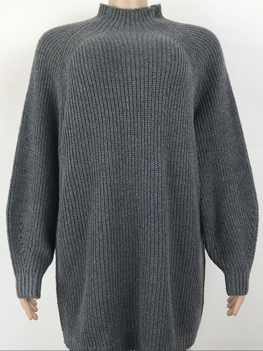 Charcoal ribbed knit cocoon turtleneck dress with long sleeves and a relaxed fit.