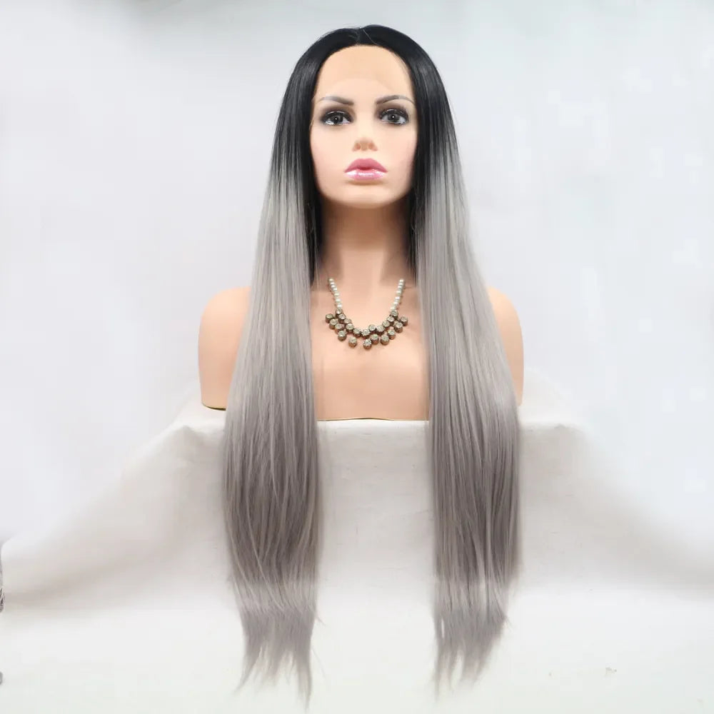 Ombre Cascade lace front wig with sleek, straight black to grey hair.