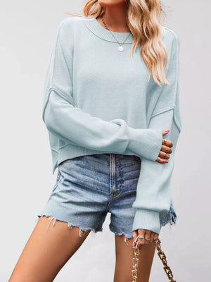 crewneck sweater in Rust Red with ribbed and cropped