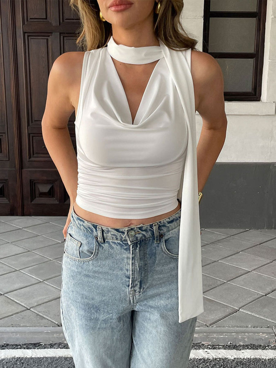 White draped cowl neck cami top with tie detail
