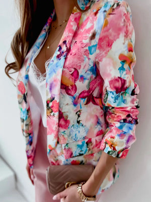 Vibrant Floral Print Open Front Blazer in Blue
