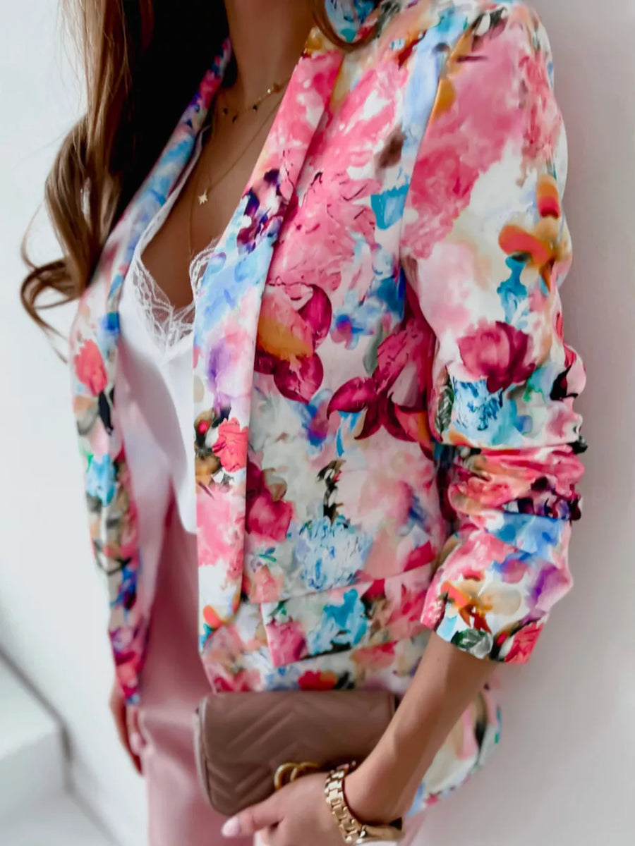 Vibrant Floral Print Open Front Blazer in Blue