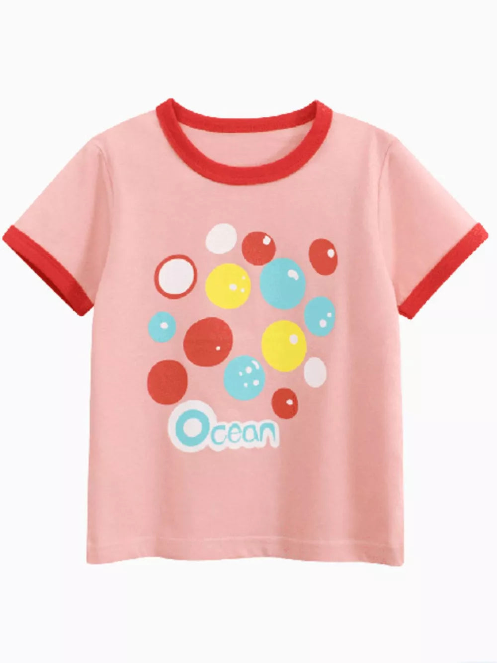 Pink t-shirt with bubble graphic and red trim