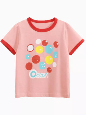 Pink t-shirt with bubble graphic and red trim