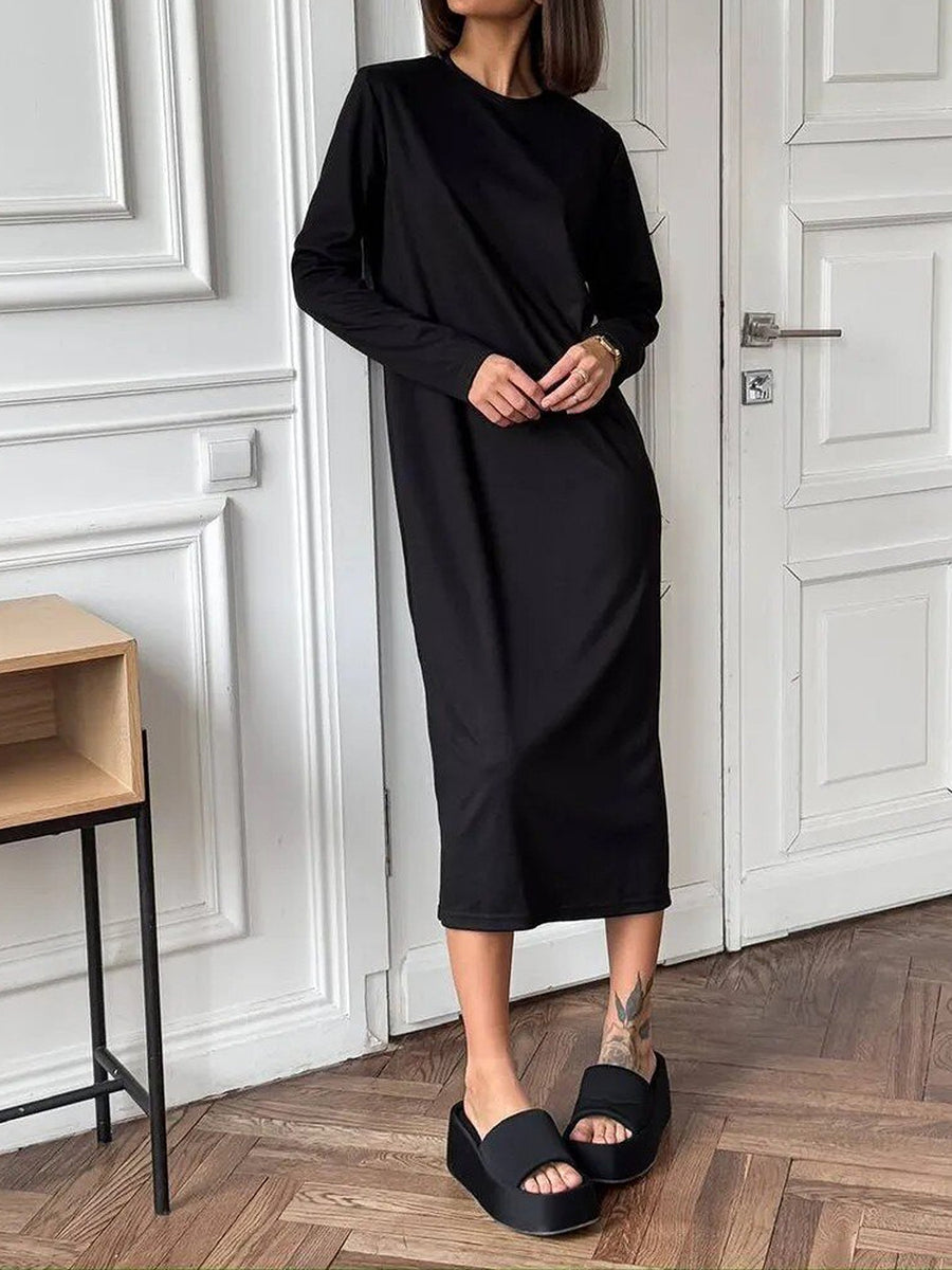 minimalist midi dress in Black with round neck