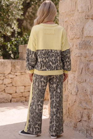 Leopard Print Long Sleeve V-neck Top & Pant Set in Coffee Brown