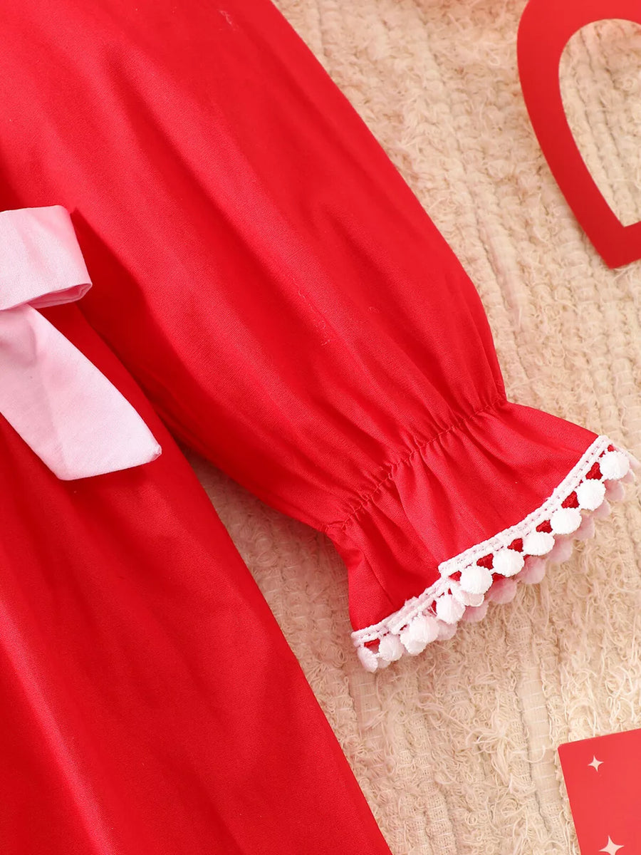 Red with Children's Bow Long Sleeve Dress in Red