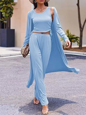 Gray Round Neck Tank Cardigan Pants Set