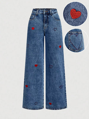 Embroidered Heart Wide-leg Jeans option 5