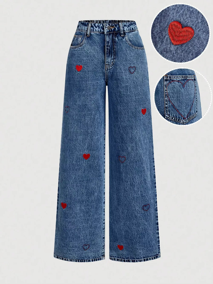 Embroidered Heart Wide-leg Jeans option 5