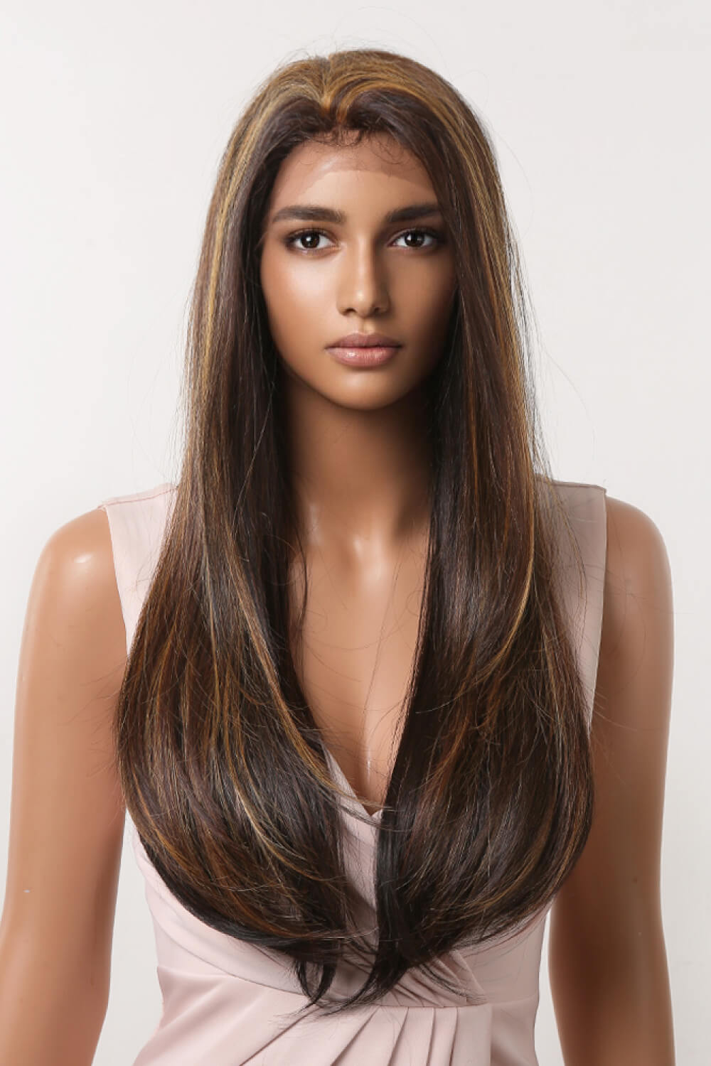 Balayage straight lace front wig in brown with caramel highlights, featuring a natural hairline.