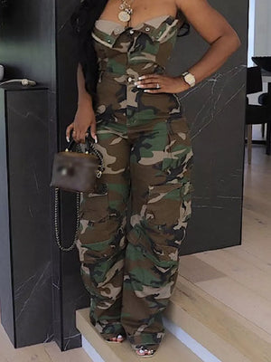 Camouflage Cargo Sleeveless Jumpsuit in Camouflage