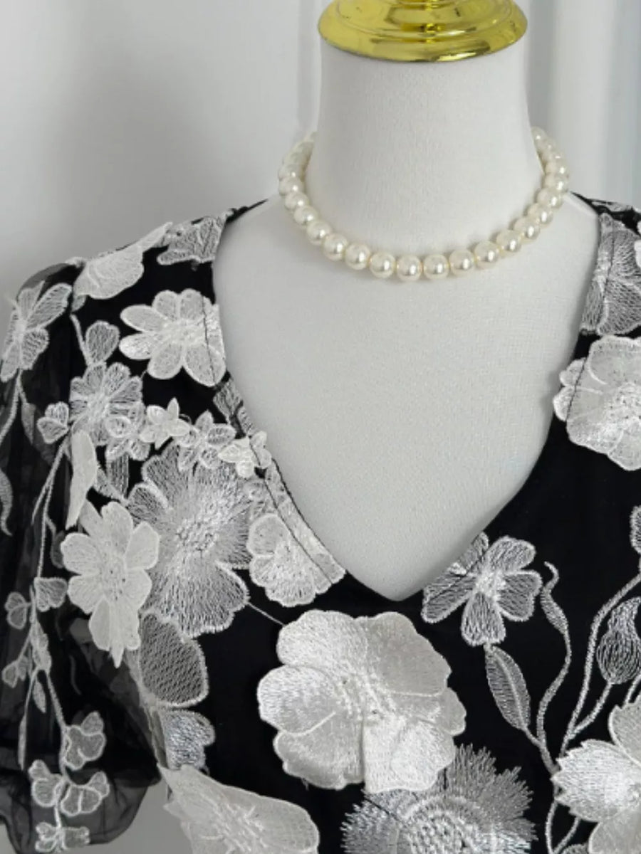 Black sheer dress with white floral embroidery and a V-neckline.