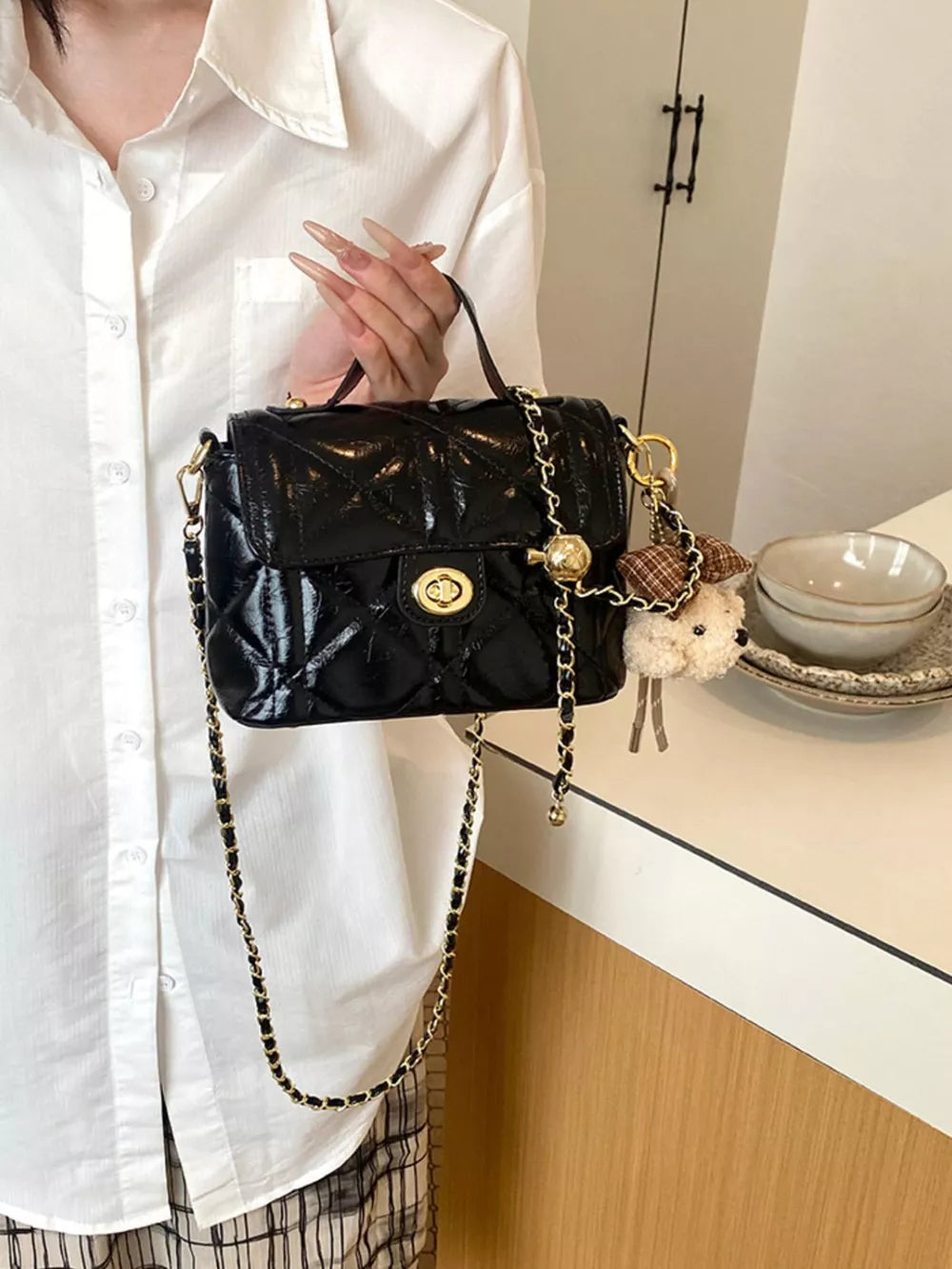 PU Leather Imported Size &amp crossbody bag in black with boxy silhouette