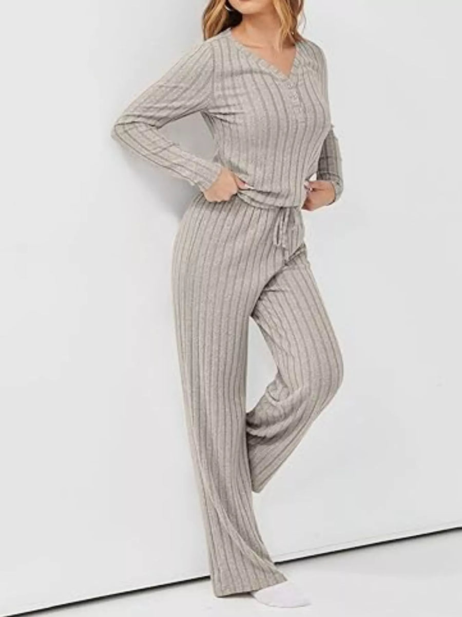 Khaki ribbed knit lounge set with drawstring pants and henley top.