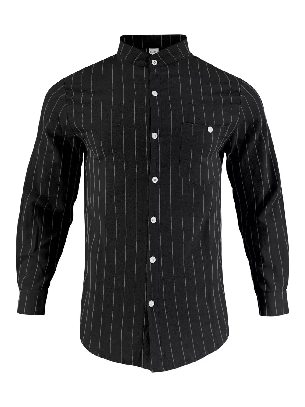 Black linen-blend striped button-up shirt with band collar and chest pocket.