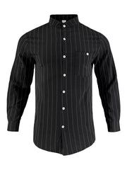 Black linen-blend striped button-up shirt with band collar and chest pocket.