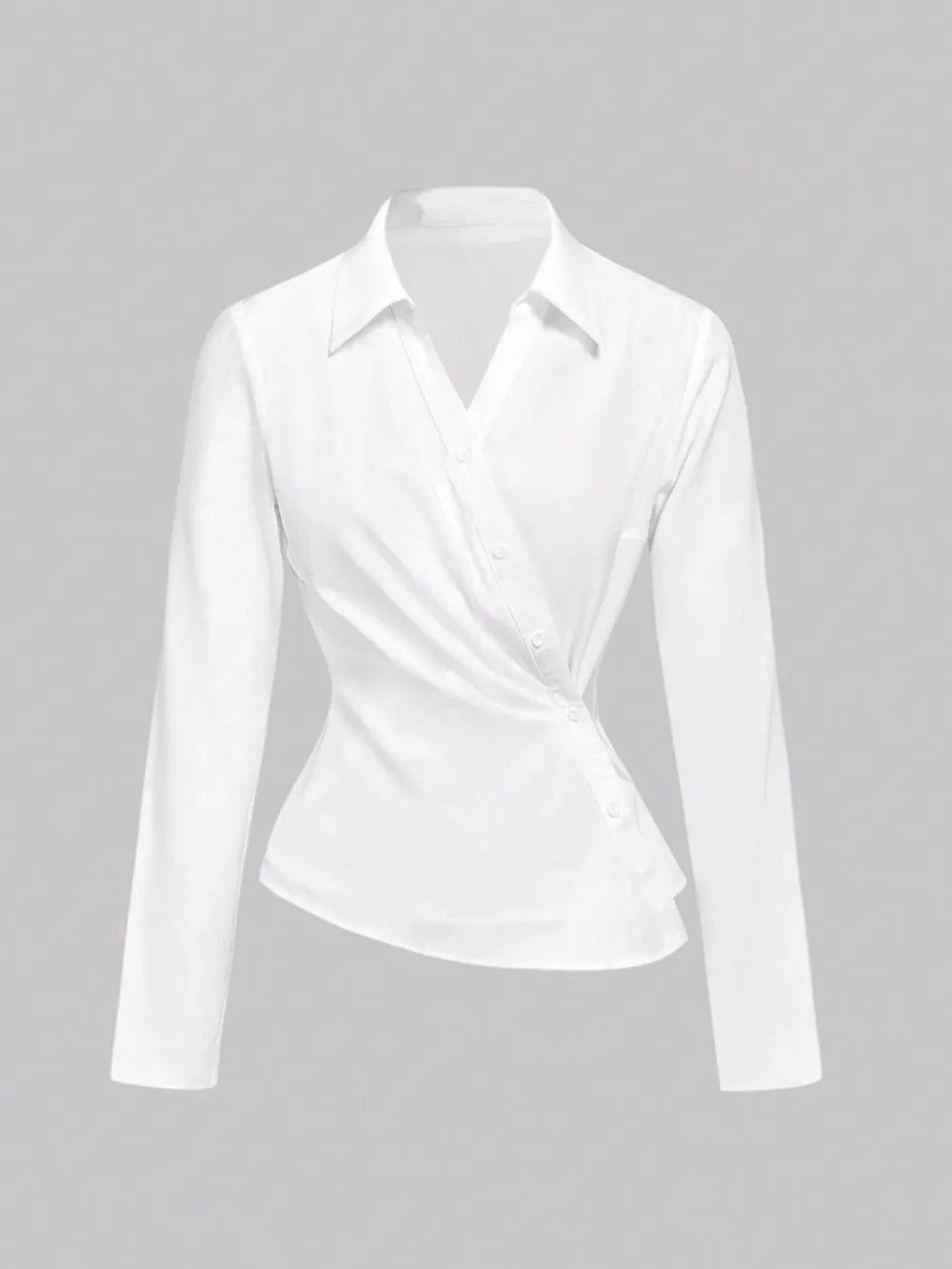 White asymmetrical button front long-sleeve collared shirt with a draped detail.
