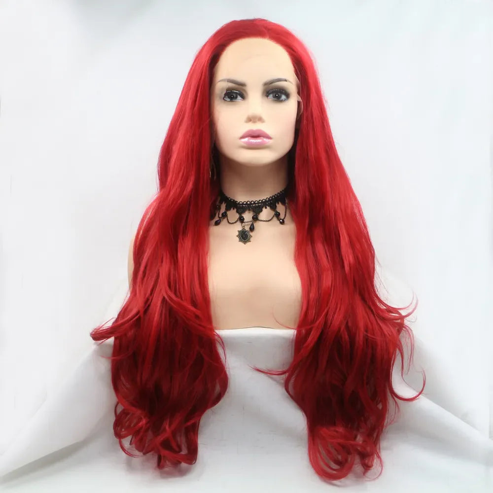 Crimson Cascade lace front wig with long, wavy red hair styled on a mannequin.