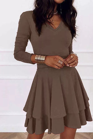 Black Layered Long Sleeve V-neck Mini Dress
