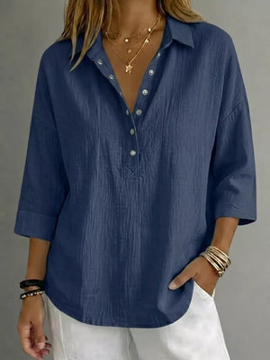 Full Size Snap Down 3/4 Sleeve Blouse Plus Size in Sky Blue
