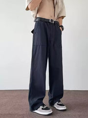 Navy blue casual wide-leg cargo pants with multiple pockets and a relaxed fit.