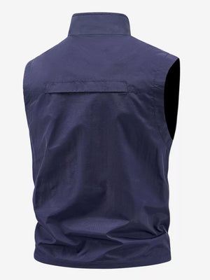 Dark blue men's outdoor vest with stand collar and back flap detail.