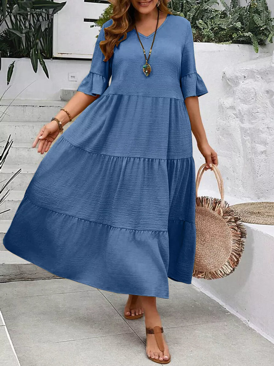 Royal blue tiered midi dress with ruffle sleeves and crinkled texture