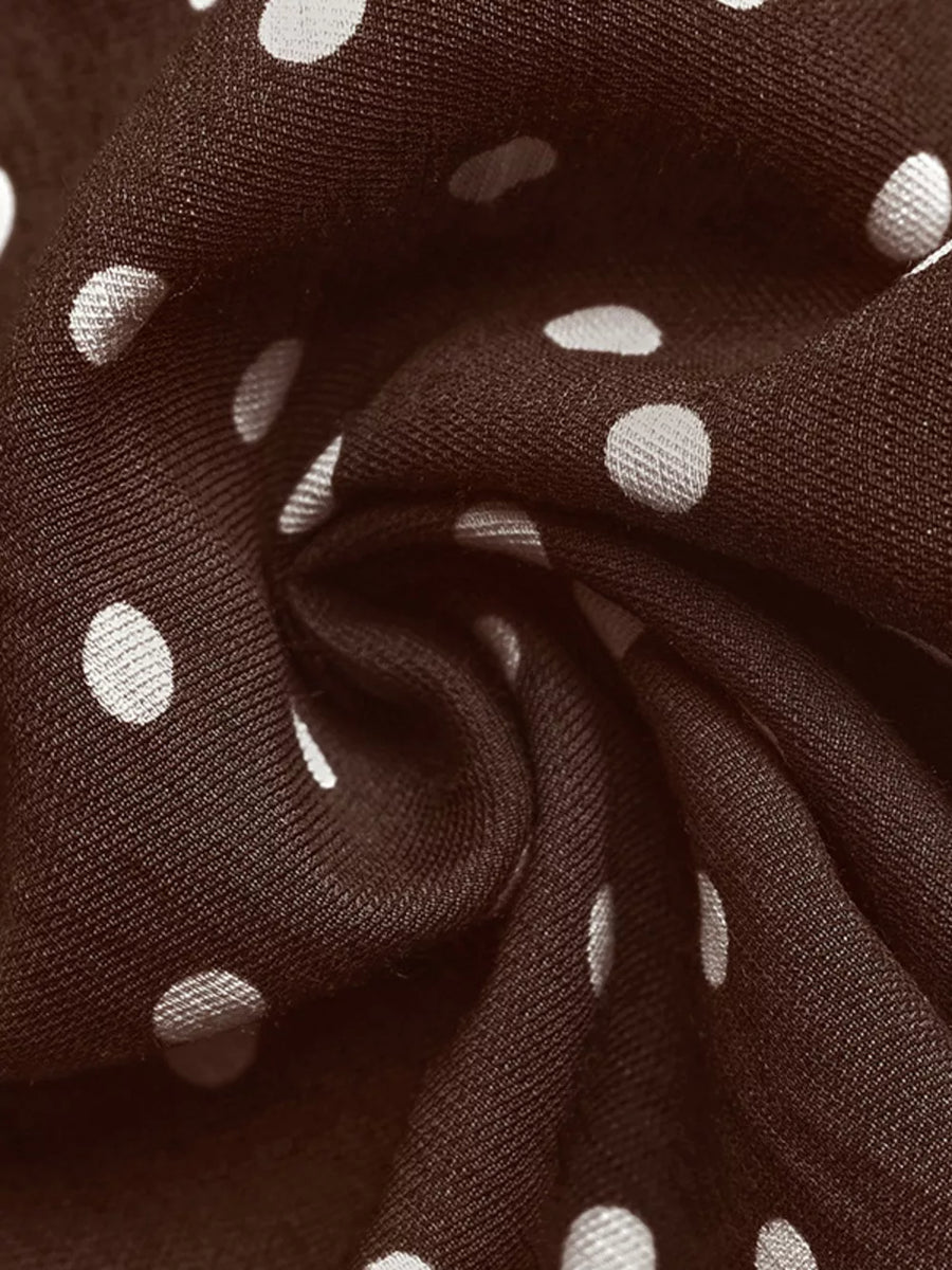 Brown polka dot mini dress fabric with cowl neck detail