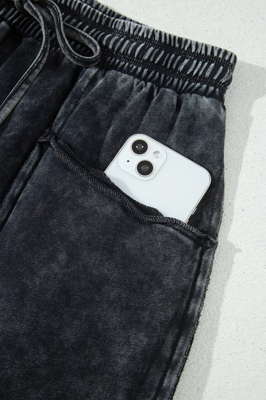 charcoal gray relaxed barrel pants with N/A