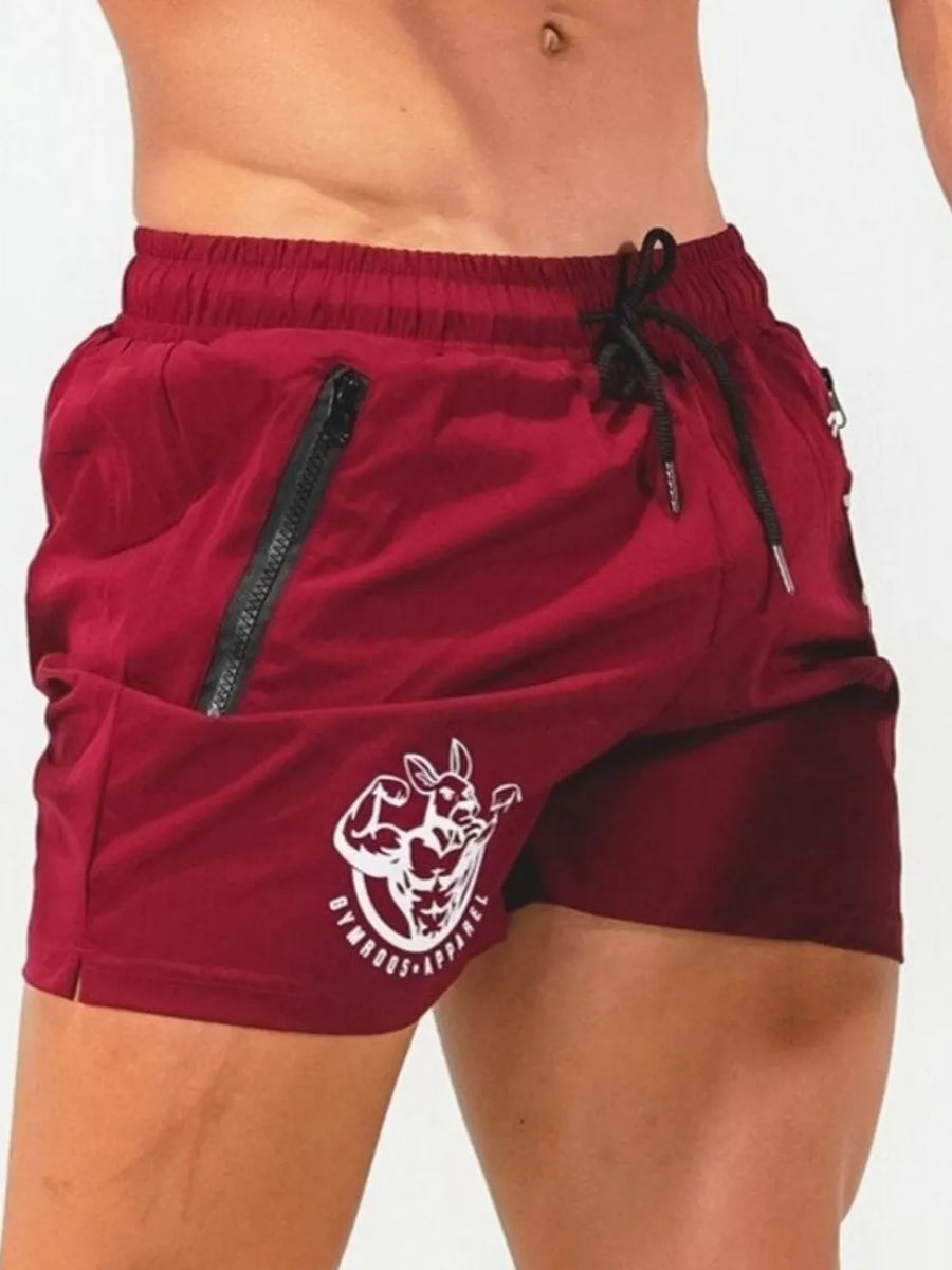 Deep Red training shorts with drawstring, zip pockets, and logo detail.