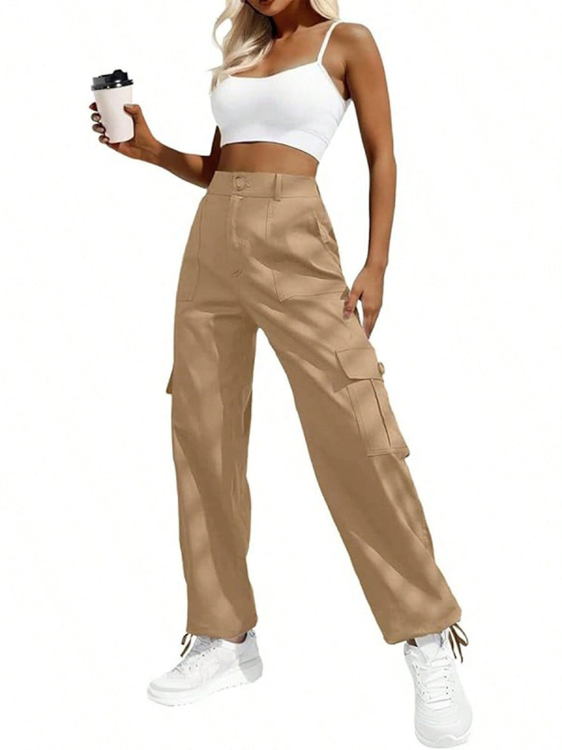 cargo pants in Khaki with pocketed and full-length
