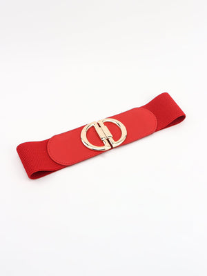 Red elastic waist belt with double D gold buckle