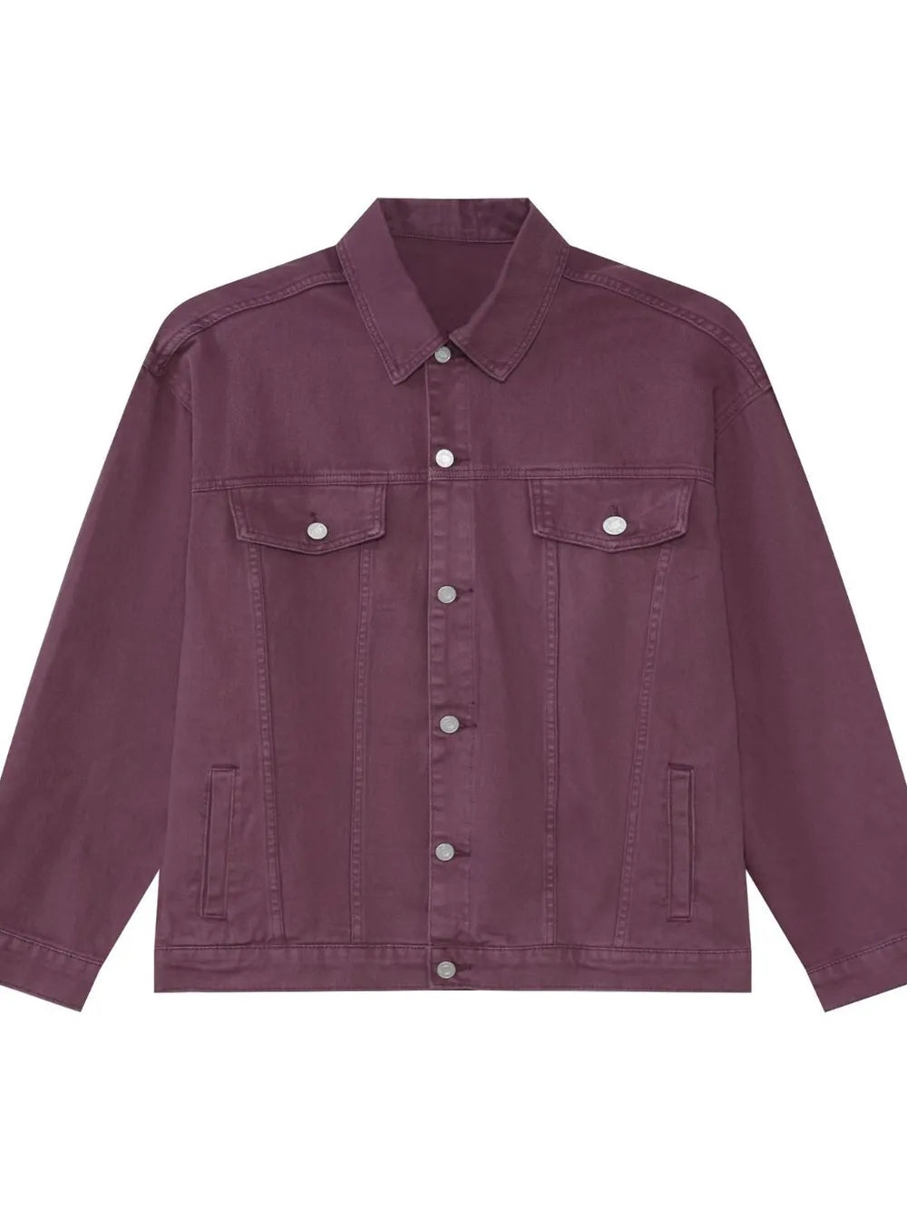 Burgundy denim trucker jacket with button front and chest pockets