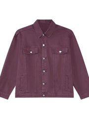 Burgundy denim trucker jacket with button front and chest pockets