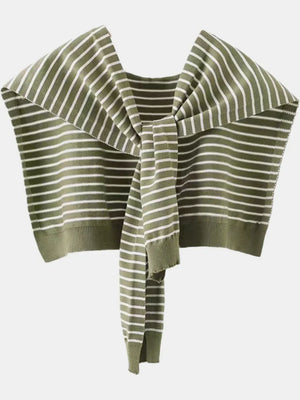 Moss green and white striped acrylic sweater with tie-front detail