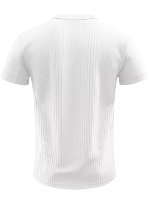 White ribbed short sleeve henley t-shirt with button detail at collar