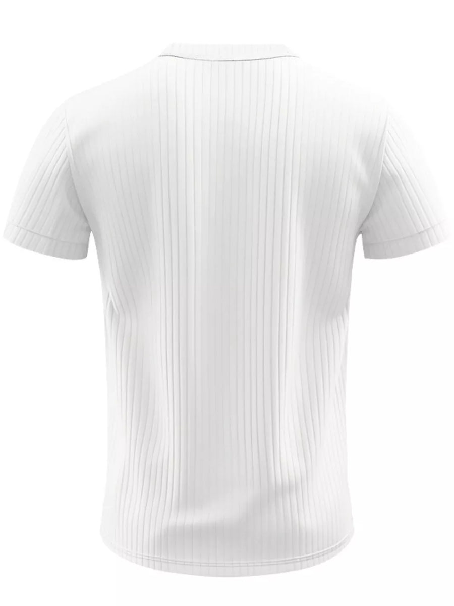 White ribbed short sleeve henley t-shirt with button detail at collar