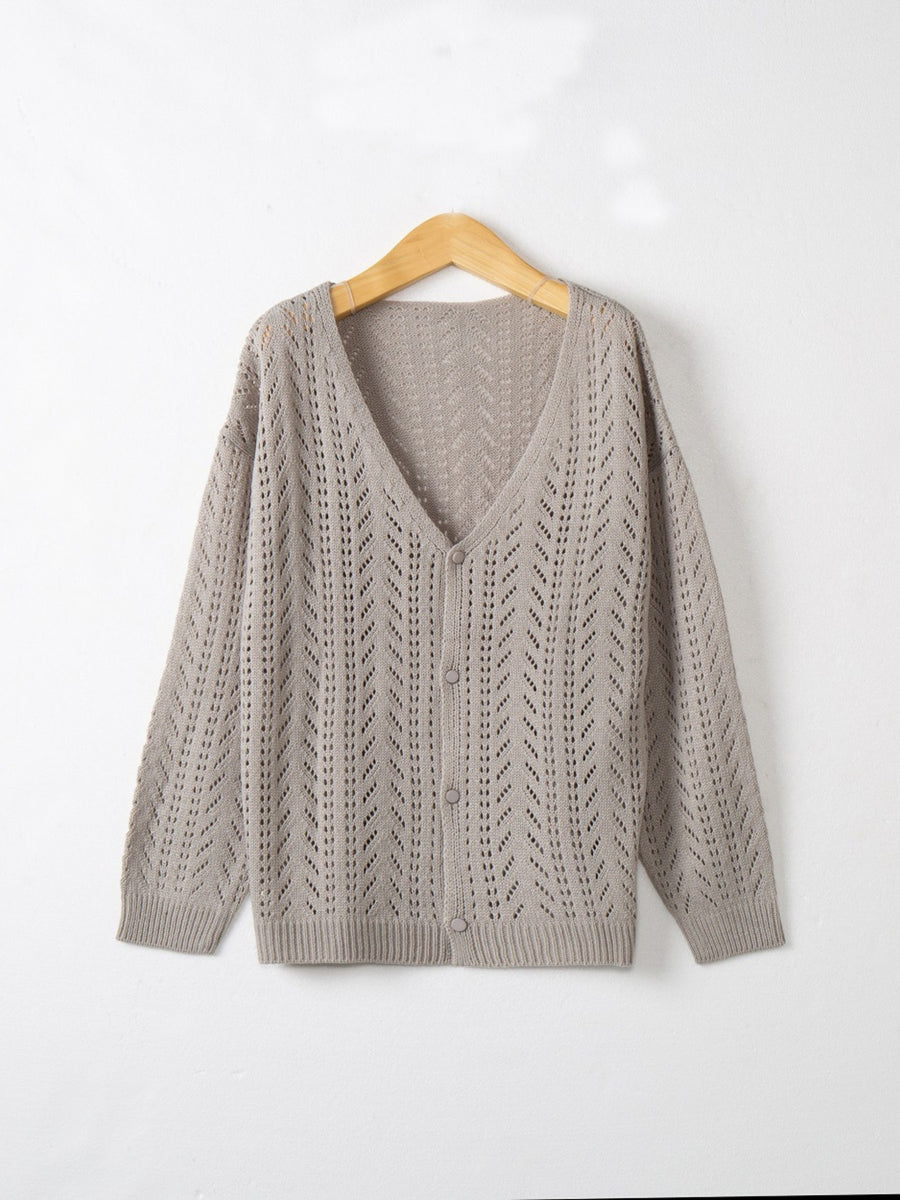 Gray chevron knit lightweight cardigan with V-neck and button front.