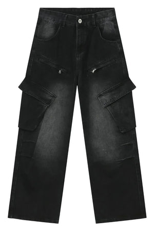 Faded black denim utility cargo pants with multiple zip and flap pockets.