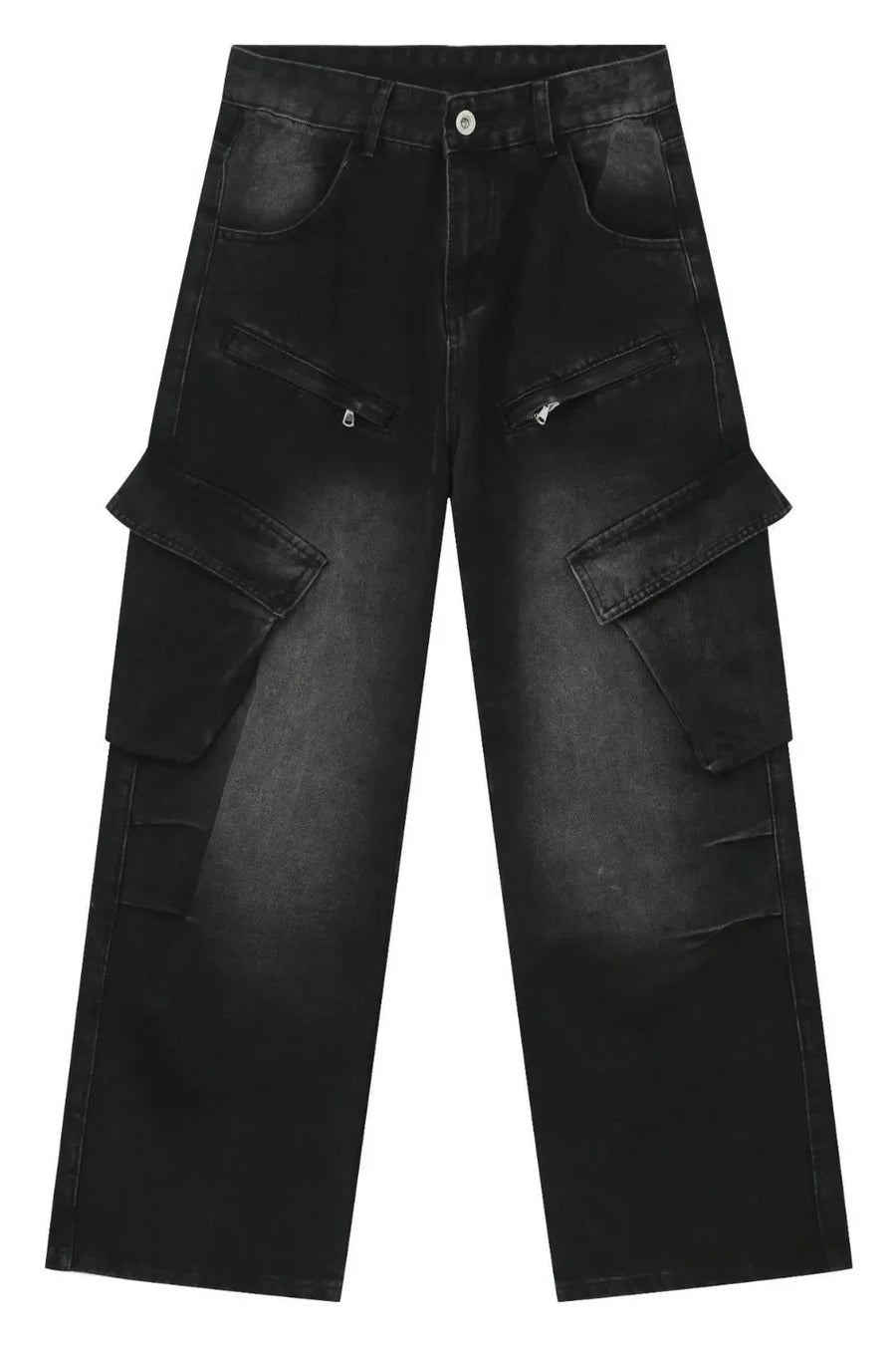 Faded black denim utility cargo pants with multiple zip and flap pockets.