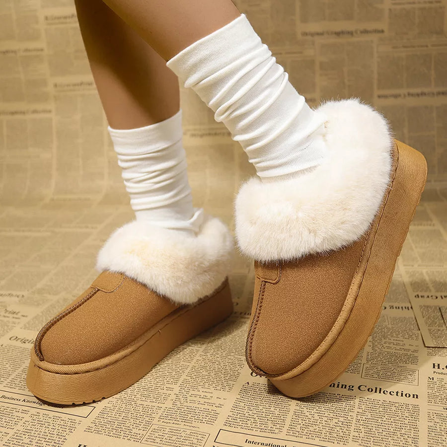 Brown plush suede platform ankle boots with fluffy white trim and white slouch socks.