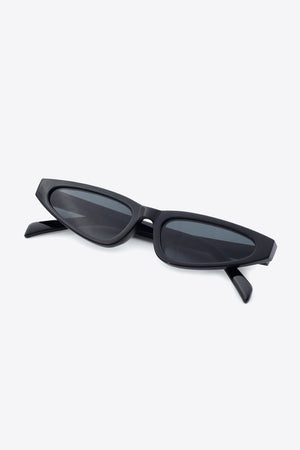 Black angular cat-eye sunglasses with dark lenses