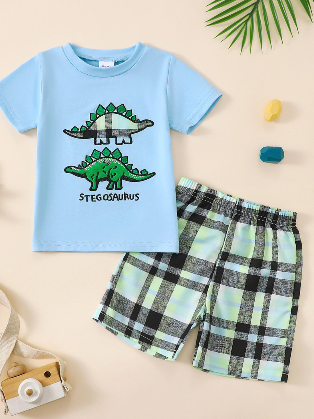 Baby boys blue cotton tee with dinosaur print and plaid shorts set