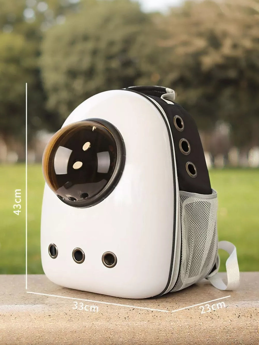 White and black transparent pet carrier backpack with bubble window and mesh pockets.